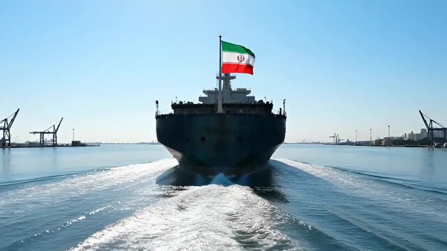close up of the stern of a cargo tanker with the iranian flag, the ship moving through the port area with cranes and clear blue sky, concept of maritime trade and export.