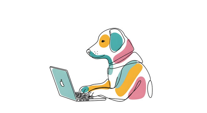 A modern, minimalist illustration featuring a dog engaging with technology. The simple line work and contemporary color palette make it a versatile asset for tech-focused designs or lighthearted profe
