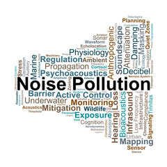 Fototapeta premium Noise Pollution Word Cloud. A visual overview of acoustic metrics, physiological impacts, and engineering solutions for managing unwanted sound in urban and natural environments.
