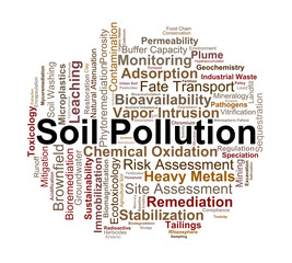 Fototapeta premium Soil Pollution Word Cloud. A visual overview of soil contaminants, chemical interactions in the earth, toxicological risks, and advanced engineering methods for land restoration.