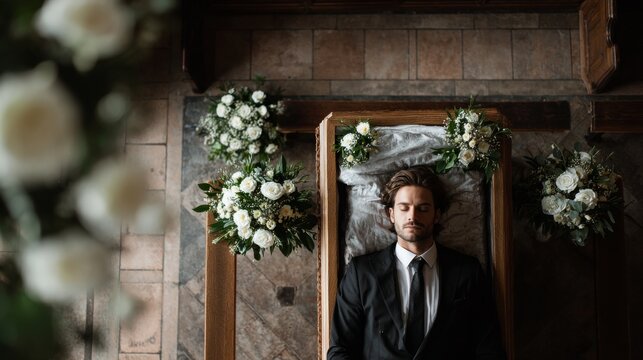 top view of man lying in the coffin with flowers in the church, funeral ceremony
