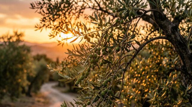 italian olive branches at sunset