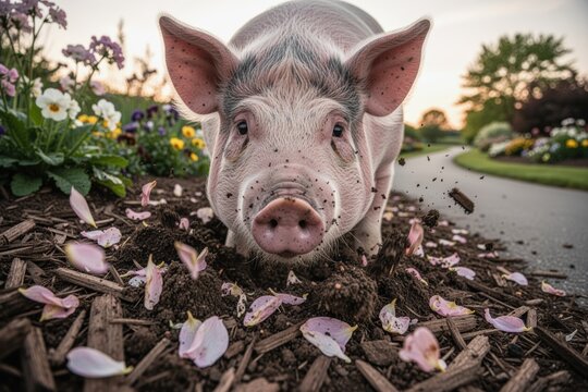 Pig rooting in garden soil among flower petals with a suburban pathway