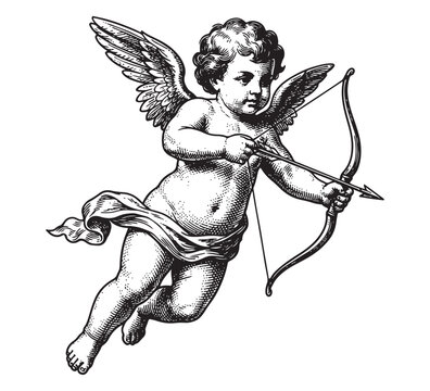 Classical Engraving of a Flying Cupid Angel with Bow and Arrow
