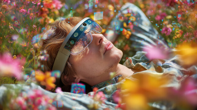 Young person lying in wildflowers wearing futuristic smart glasses with colorful digital reflections and augmented reality effect