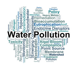 Fototapeta premium Water Pollution Word Cloud. A visual overview of aquatic contaminants, nutrient enrichment, wastewater treatment processes, and the ecological impact on global water resources.