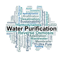 Obraz premium Water Purification Word Cloud. A visual overview of industrial water treatment, membrane science, chemical disinfection, and resource recovery technologies used in modern infrastructure.