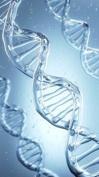 DNA Double Helix Spiral Molecule Structure, blue water dna Science or medical background, 4K vertical mobile format.