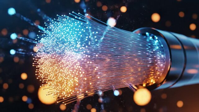 Close-up of glowing fiber optic cables transmitting data, symbolizing high-speed internet, digital communication, and modern network technology with vibrant light trails.