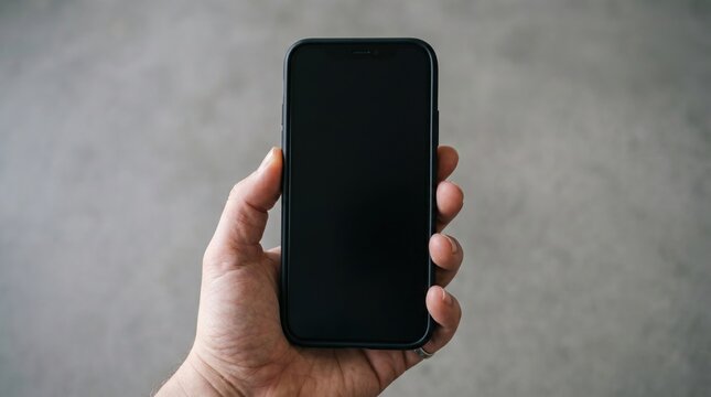 Person holding a modern smartphone with a blank black screen for mockup design against a neutral grey concrete background showcasing professional mobile communication technology in a clean