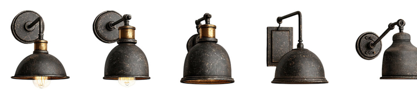 Five vintage, industrial-style wall sconces with metal shades and exposed bulbs against a black background