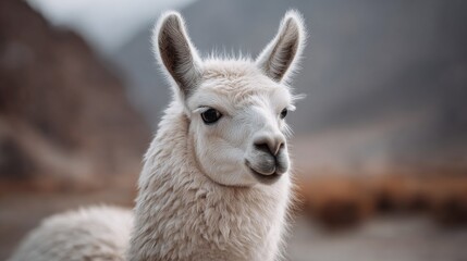 Fototapeta premium portrait of cute llama on meadow with copy space