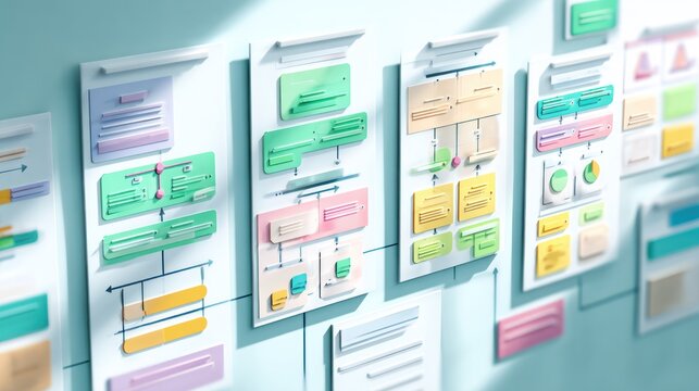 Visual diagrams of flowchart-like data structures on a light blue wall in diffused light