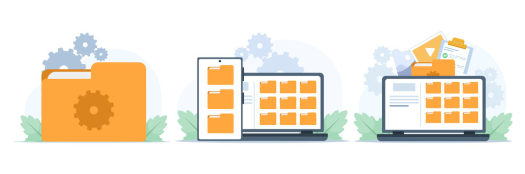 Flat vector set of file management with folders, documents, and media content, illustrating file search on smartphone and laptop in modern cartoon style on white background.