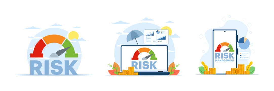 Illustration set showing business risk management process including review, evaluation, and investment risk analysis, with bold risk text and level indicators, modern flat vector style.