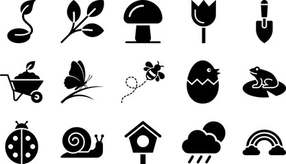 Naklejka premium Beautiful Spring Season, Gardening, Insects, and Nature Elements Solid Black Glyph Pictogram Icon Pack for Eco-Friendly Vector Designs