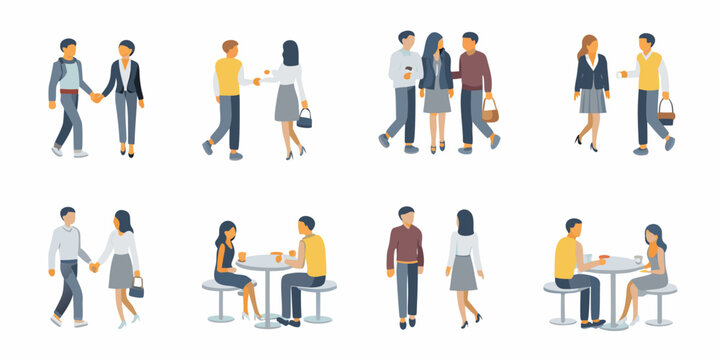 Diverse group of people interacting in various social and business settings