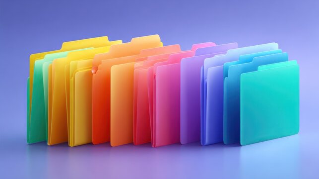 A vibrant spectrum of colorful file folders arranged in a row against a solid purple background, creating a visually appealing and organized scene
