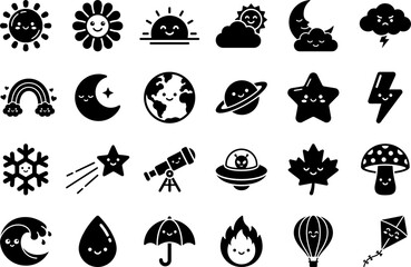 Naklejka premium Adorable Kawaii Smiley Face Weather, Space, and Nature Solid Black Glyph Pictogram Icon Pack for Children's Graphic Design