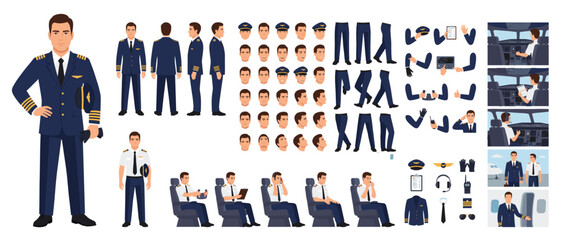 Male Airline Pilot Character Constructor Kit Vector – Professional Captain with Multiple Poses Expressions Cockpit Airplane Cabin and Aviation Accessories  © Ahmed