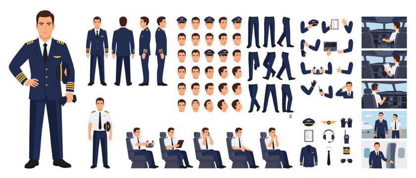 Male Airline Pilot Character Constructor Kit Vector &ndash; Professional Captain with Multiple Poses Expressions Cockpit Airplane Cabin and Aviation Accessories
