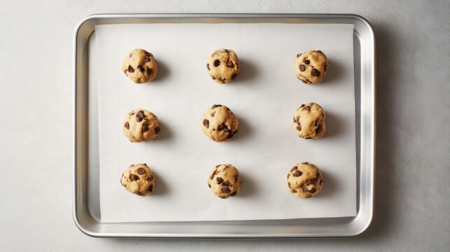 top view of nine chocolate chip cookie dough balls arranged on a parchment-lined baking sheet, ready for baking in a minimalist kitchen setting