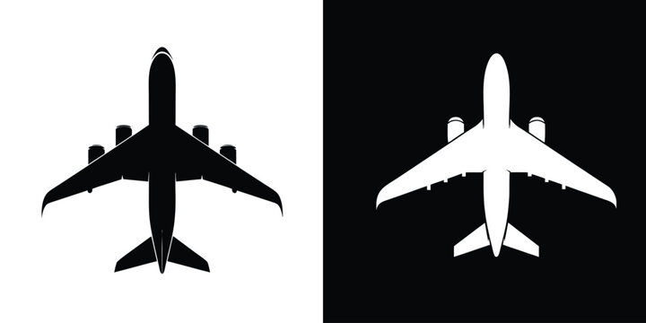 Silhouette of a four-engine jet airliner in contrasting black and white backgrounds.