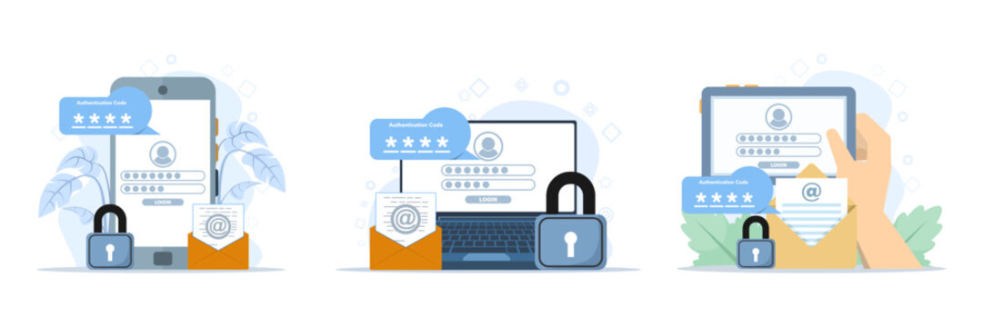 Authentication illustration set showing two-step verification, OTP code input, secure account login on laptop, and password protection concept, modern flat vector style.