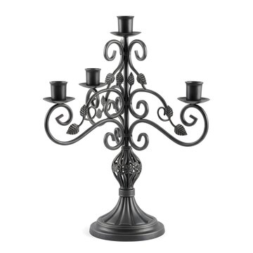 Ornate black metal five-arm candelabra with scrolled details and leaf accents (403