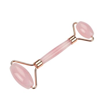 Pink Rose Quartz Facial Roller with Rose Gold Metal Frame on White Background