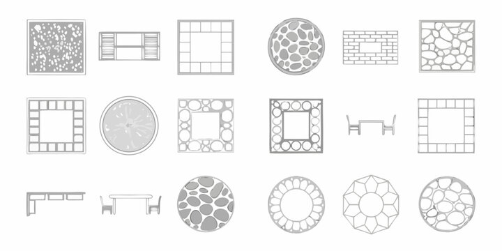 Architectural plans displaying various top down views of furniture and fixtures