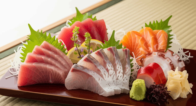 Assorted sliced raw fish sashimi platter with tuna salmon and yellowtail on a wooden plate cartoon style