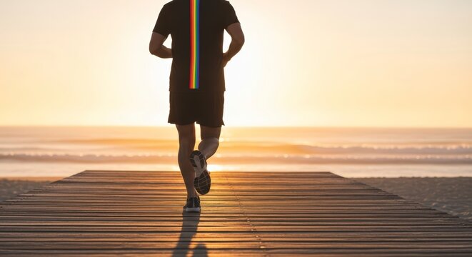 Man Running on Wooden Pier at Sunrise Over the Ocean.