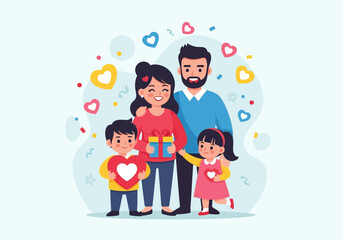 Fototapeta premium Happy family celebrating special occasion with gifts and hearts.