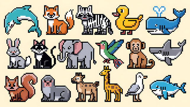 Pixel Art Animals Collection Isolated on Beige Background Simple Cartoon Style