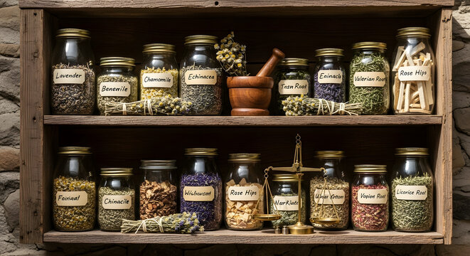 Vintage apothecary jars on shelf.