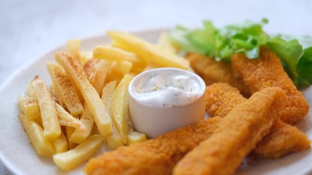French fries with fish sticks and tzatziki sauce. Dipping fries in sauce closeup view