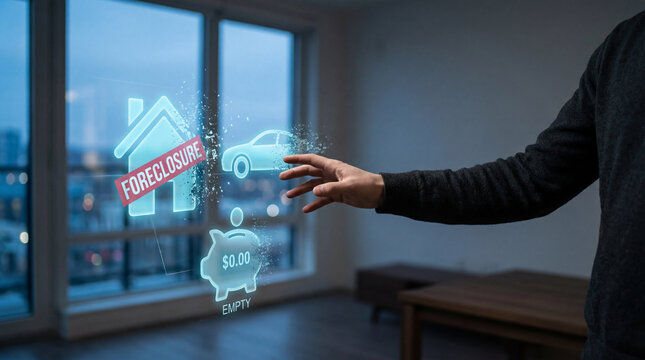Person hand reaching virtual foreclosure icons, house, car, and empty piggy bank, financial crisis concept