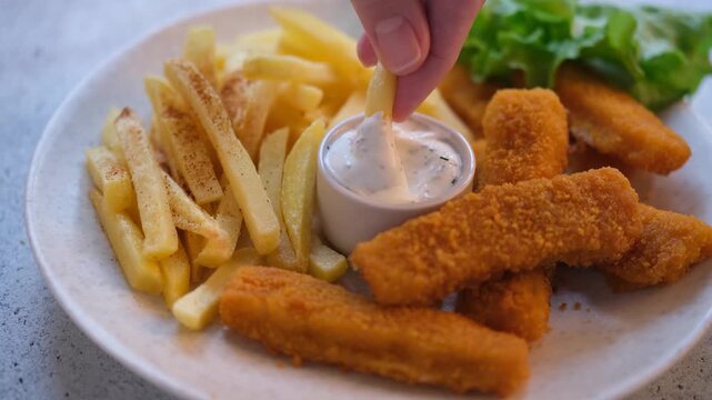 Fish sticks and french fries. Dipping fish sticks in white tzatziki sauce, closeup view