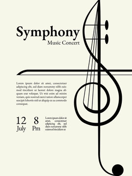 Symphony Music Concert Flyer Template with Treble Clef and String Instrument Silhouette. Minimalist Black and White Graphic Design for Orchestral Performance Event Poster.