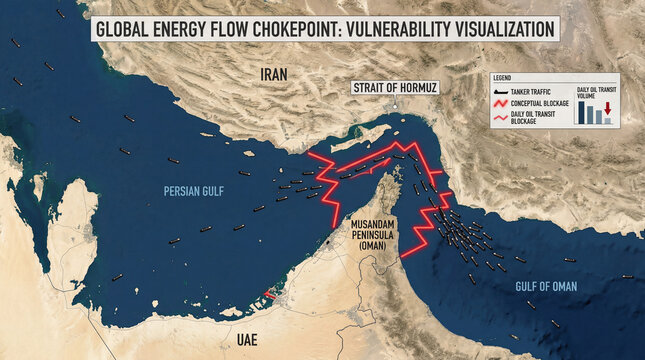 Global energy flow chokepoint vulnerability visualization map showing tanker traffic and conceptual blockade Strait of Hormuz between Iran and UAE with Persian Gulf and Gulf of Oman waters