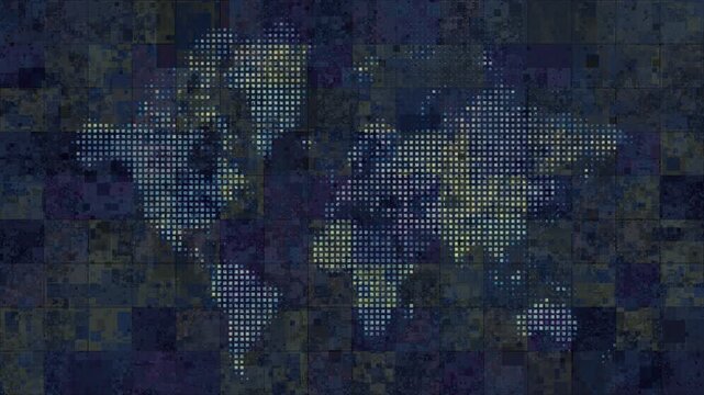 Abstract world map animation, pixelated dots, dark grunge tiled background, industrial digital technology theme concept