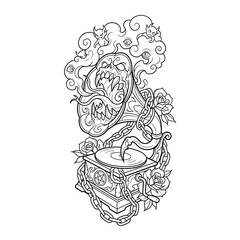 Fototapeta premium Black and white haunted gramophone with monster mouth isolated on white for coloring pages