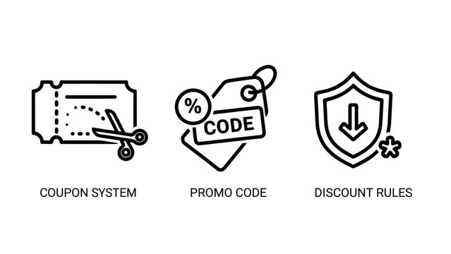 Coupon system promo code discount rules icons with shopping cart price tag promotion code sale offer retail discount online shopping coupon ticket discount scissors percentage shopping