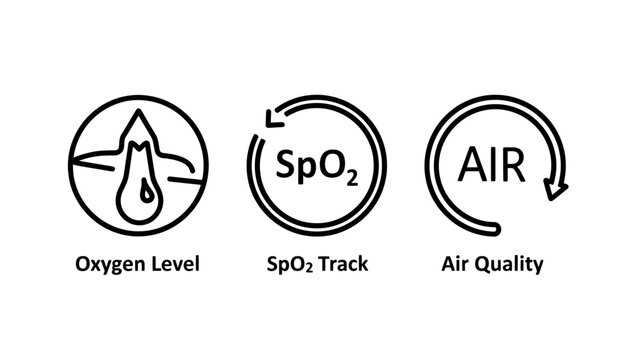 Oxygen level sp o2 track air quality icons with pulse oximeter vital signs disease prevention oxygen saturation air pollution sp o2 track monitoring illustration collection indicator