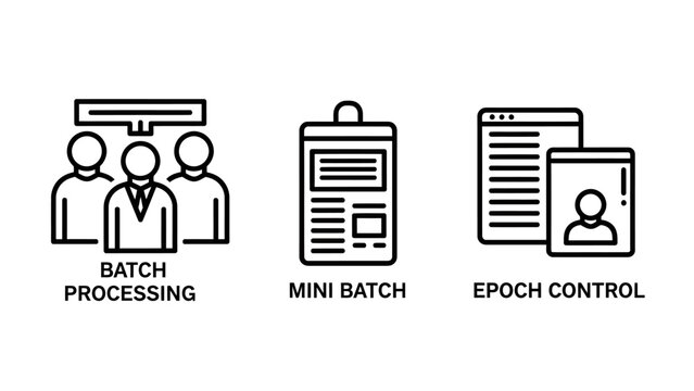 Machine learning icons: batch processing mini batch epoch control with artificial intelligence data science neural network deep learning algorithm training computer software development