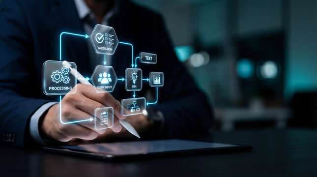 Businessman using digital tablet with stylus pen and futuristic virtual interface showing workflow process and data analysis in dark office environment