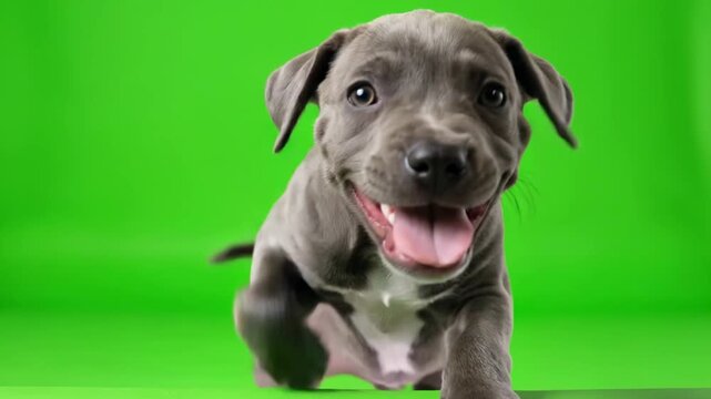 little pit bull puppy playing isolated on green screen background for vfx projects