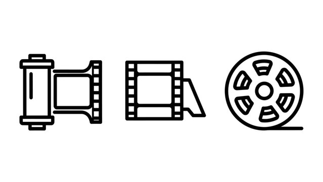 Film reel film strip roll of film icons with photography celluloid projector collection equipment illustration creation entertainment storytelling documentary artistic production artistry