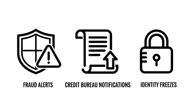 Identity protection icons: fraud alerts credit bureau notifications identity freezes with identity protection notifications security personal information document illustration prevention